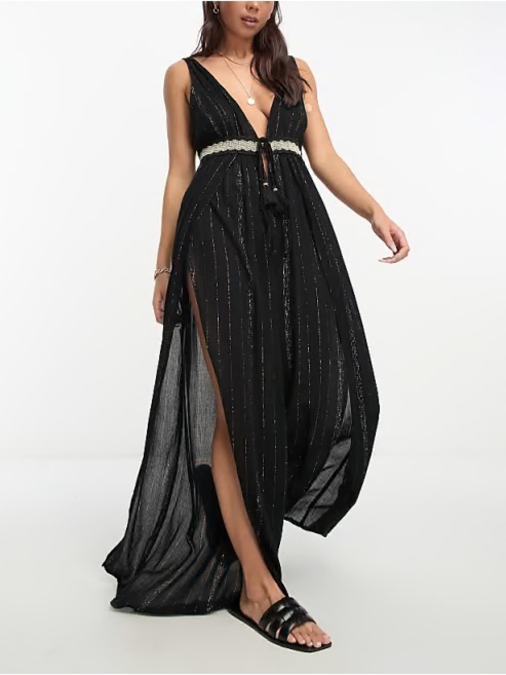 River Island Black Plunge Wide Leg Metallic Beach Jumpsuit XS Vacation - Picture 4 of 12